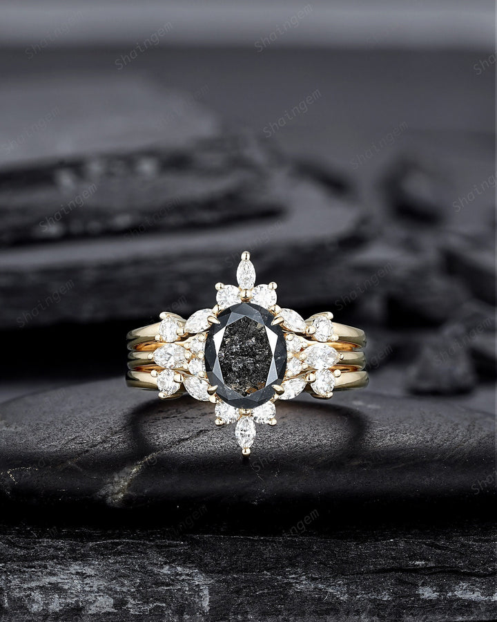 Oval Shape Salt and Pepper Diamond Engagement Ring Set, 18K Yellow Gold Natural Black Diamond Promise Ring, Gray Diamond Wedding Ring Gift - ShainJewelry