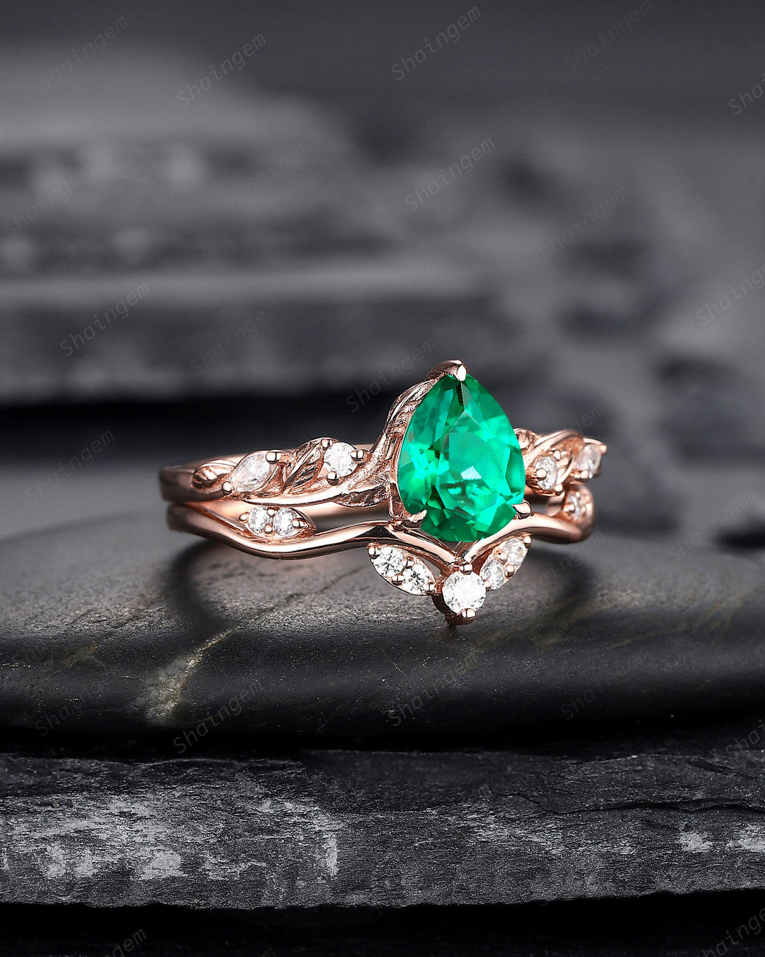 Pear Shape Emerald Engagement Ring Set, Unique 14K Rose Gold Twig Branch Wedding Ring Bridal Set, May Birthstone Promise Ring Gift for Women - ShainJewelry