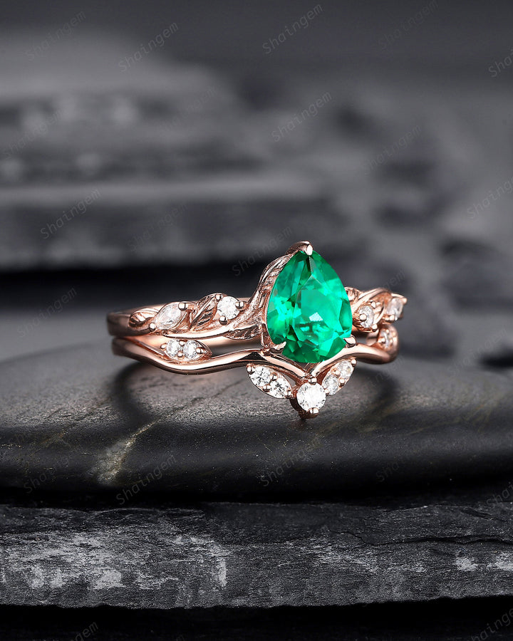 Pear Shape Emerald Engagement Ring Set, Unique 14K Rose Gold Twig Branch Wedding Ring Bridal Set, May Birthstone Promise Ring Gift for Women - ShainJewelry