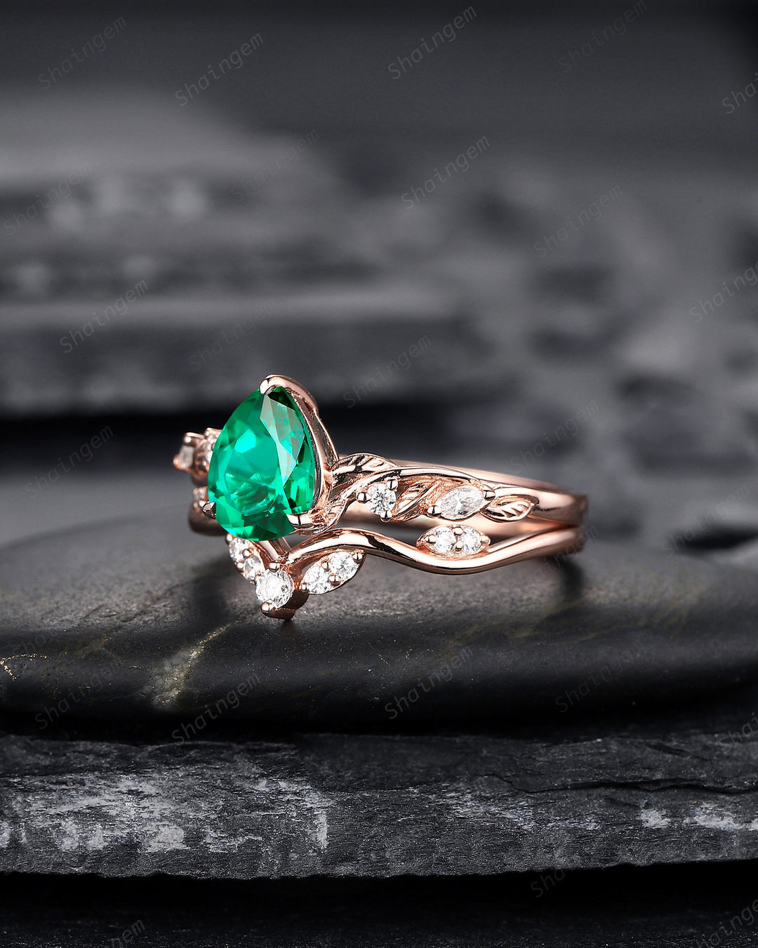 Pear Shape Emerald Engagement Ring Set, Unique 14K Rose Gold Twig Branch Wedding Ring Bridal Set, May Birthstone Promise Ring Gift for Women - ShainJewelry