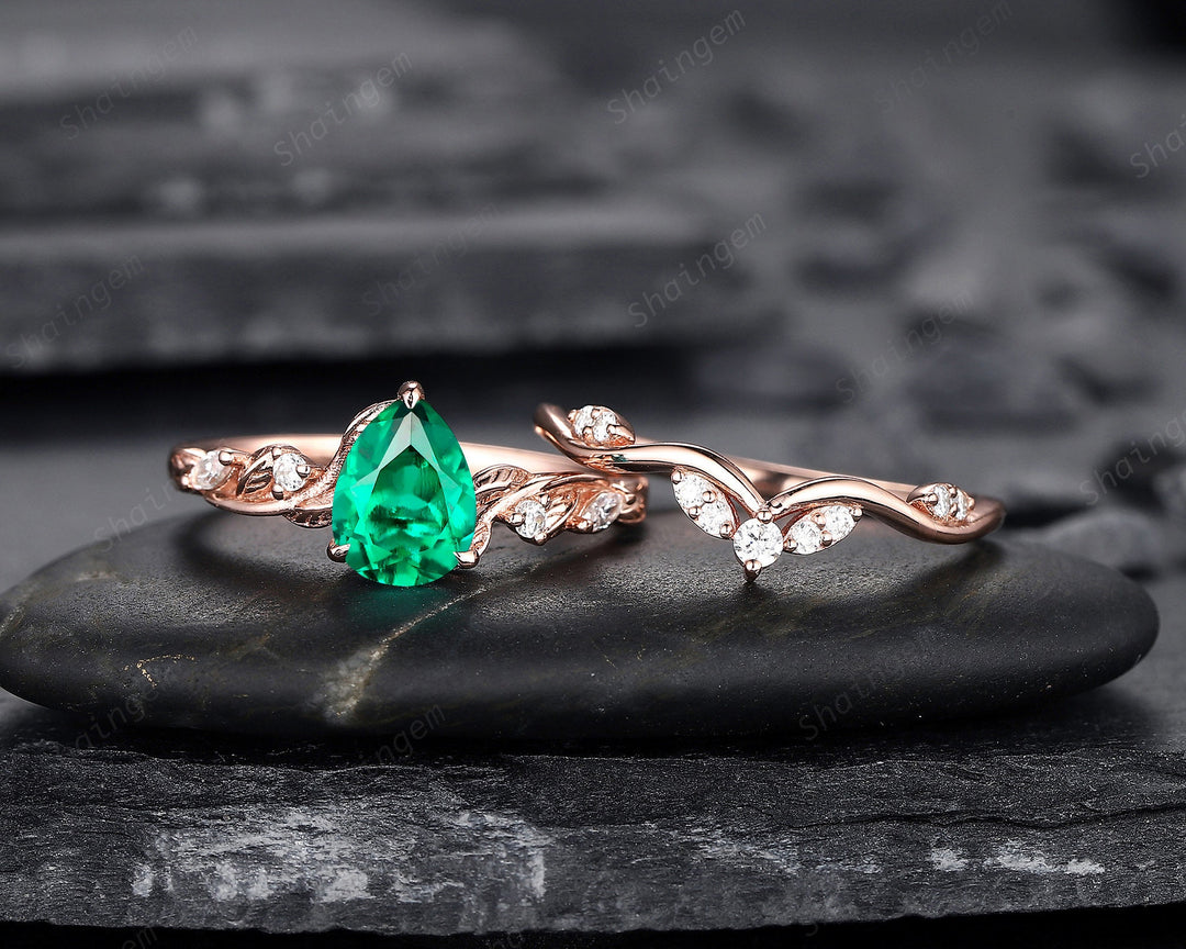 Pear Shape Emerald Engagement Ring Set, Unique 14K Rose Gold Twig Branch Wedding Ring Bridal Set, May Birthstone Promise Ring Gift for Women - ShainJewelry