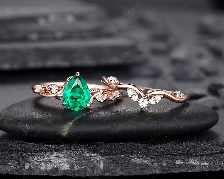 Pear Shape Emerald Engagement Ring Set, Unique 14K Rose Gold Twig Branch Wedding Ring Bridal Set, May Birthstone Promise Ring Gift for Women - ShainJewelry