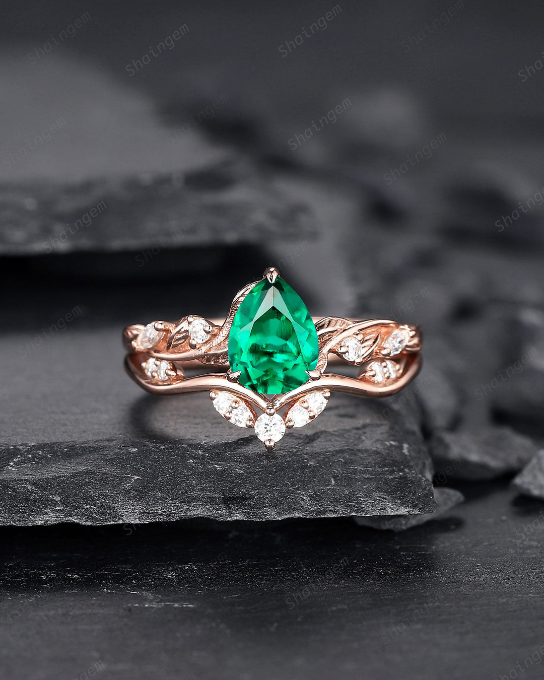 Pear Shape Emerald Engagement Ring Set, Unique 14K Rose Gold Twig Branch Wedding Ring Bridal Set, May Birthstone Promise Ring Gift for Women - ShainJewelry