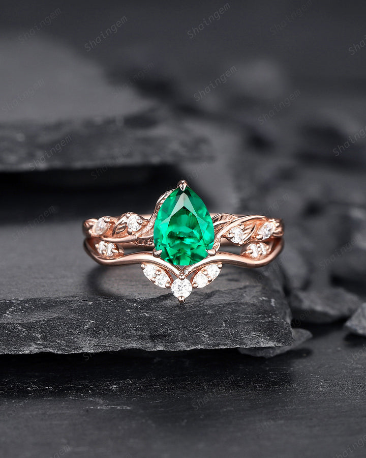 Pear Shape Emerald Engagement Ring Set, Unique 14K Rose Gold Twig Branch Wedding Ring Bridal Set, May Birthstone Promise Ring Gift for Women - ShainJewelry