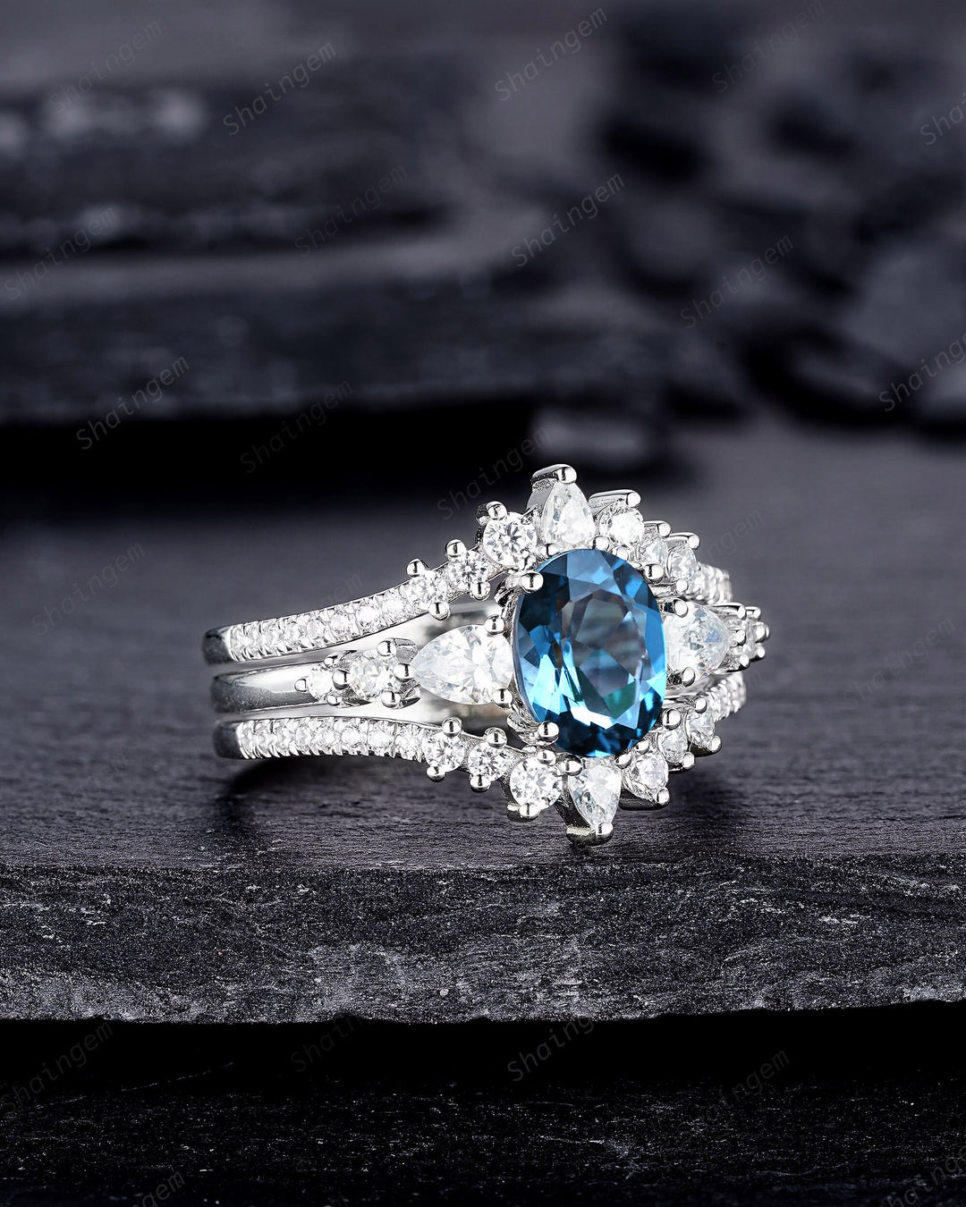 3PCS Oval Shape London Blue Topaz Engagement Ring Set, Vintage 14K 18K White Gold Halo Wedding Ring Set, Platinum Bridal Set Promise Ring - ShainJewelry