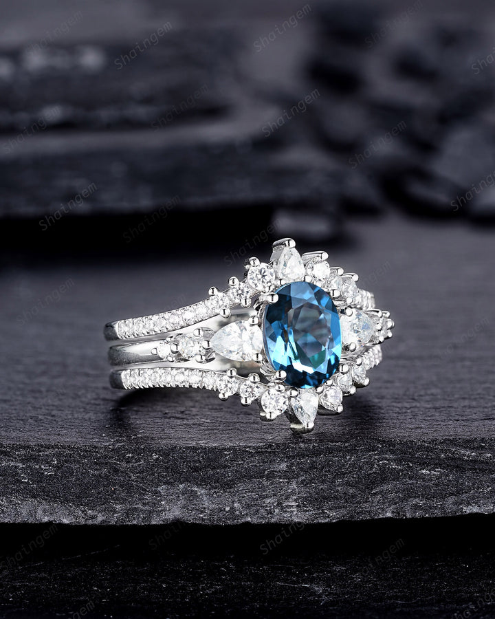 3PCS Oval Shape London Blue Topaz Engagement Ring Set, Vintage 14K 18K White Gold Halo Wedding Ring Set, Platinum Bridal Set Promise Ring - ShainJewelry