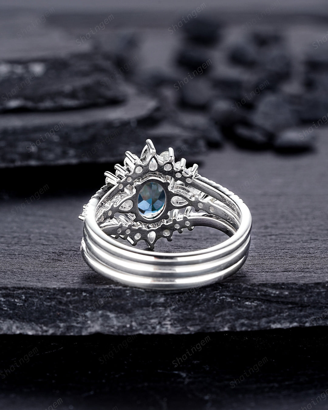 3PCS Oval Shape London Blue Topaz Engagement Ring Set, Vintage 14K 18K White Gold Halo Wedding Ring Set, Platinum Bridal Set Promise Ring - ShainJewelry