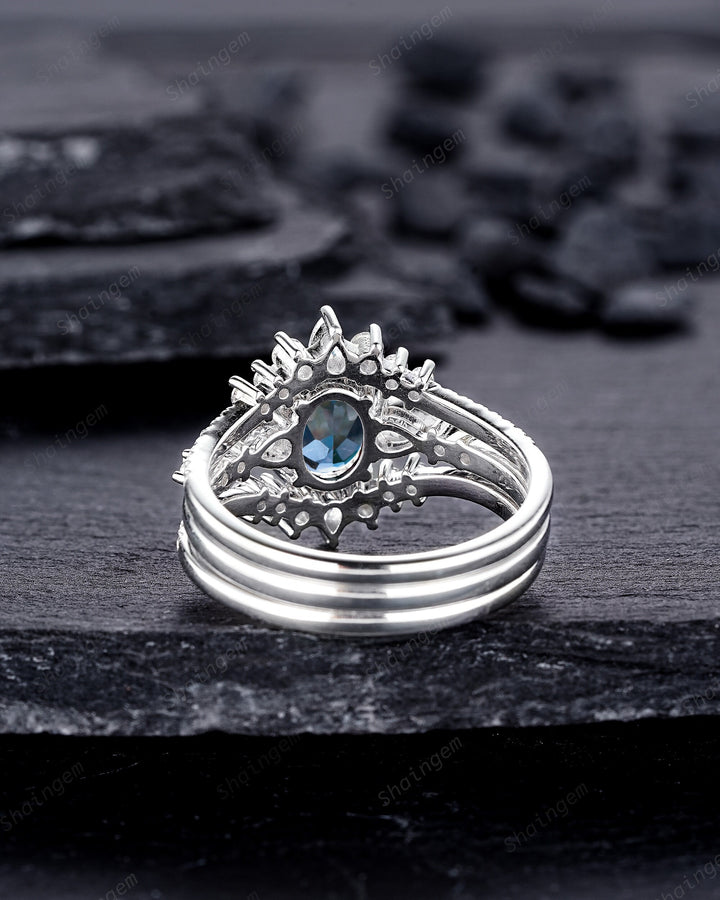 3PCS Oval Shape London Blue Topaz Engagement Ring Set, Vintage 14K 18K White Gold Halo Wedding Ring Set, Platinum Bridal Set Promise Ring - ShainJewelry