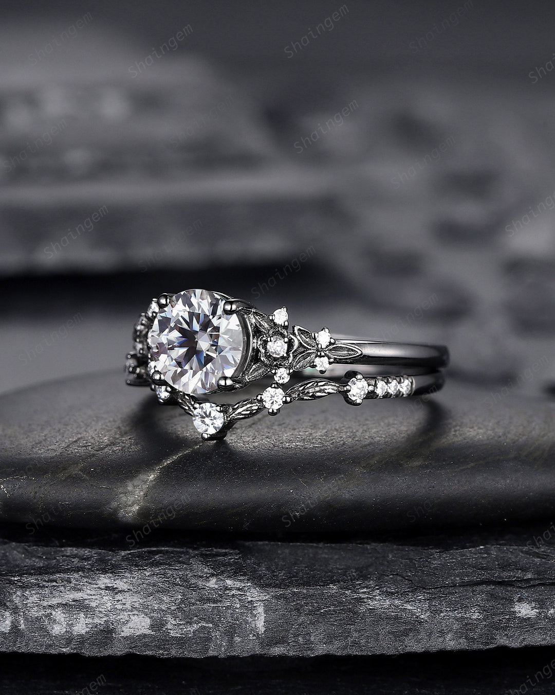 Gothic Black Gray Moissanite Engagement Ring Set, Black Gold Grey Moissaite Promise Ring, Rhodium Black Bridal Set Black Floral Wedding Ring - ShainJewelry