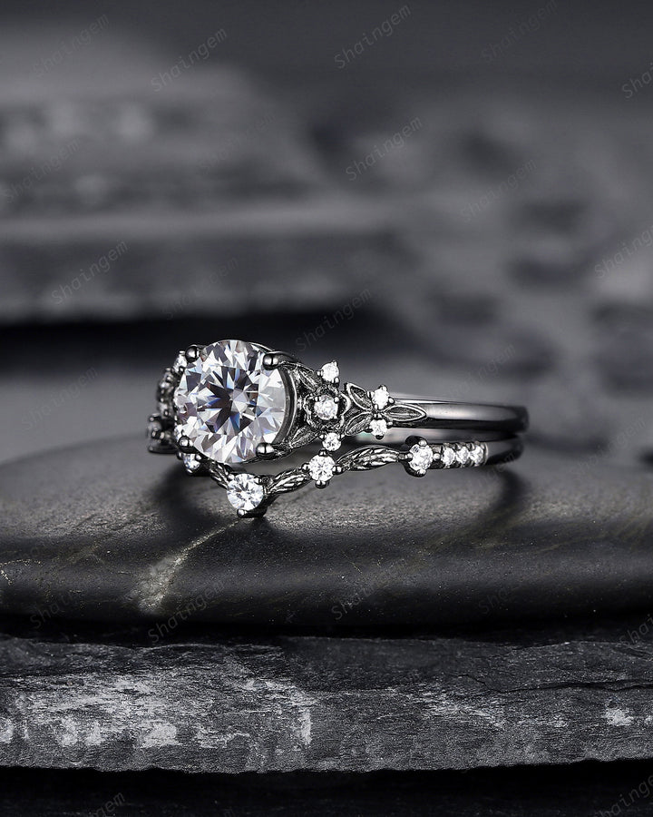 Gothic Black Gray Moissanite Engagement Ring Set, Black Gold Grey Moissaite Promise Ring, Rhodium Black Bridal Set Black Floral Wedding Ring - ShainJewelry