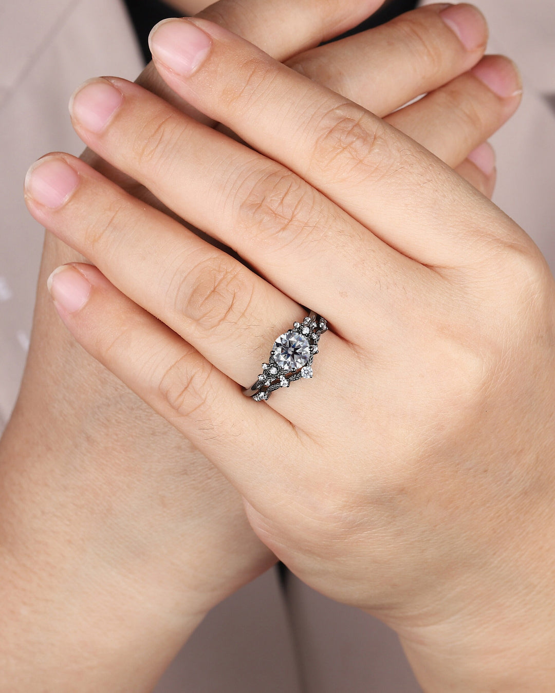 Gothic Black Gray Moissanite Engagement Ring Set, Black Gold Grey Moissaite Promise Ring, Rhodium Black Bridal Set Black Floral Wedding Ring - ShainJewelry