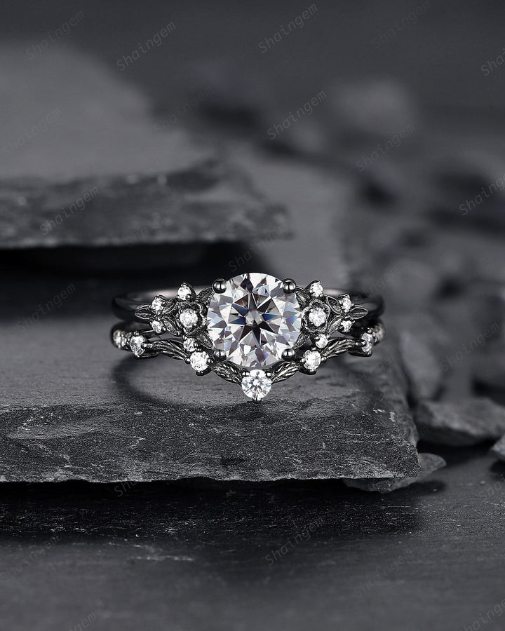 Gothic Black Gray Moissanite Engagement Ring Set, Black Gold Grey Moissaite Promise Ring, Rhodium Black Bridal Set Black Floral Wedding Ring - ShainJewelry