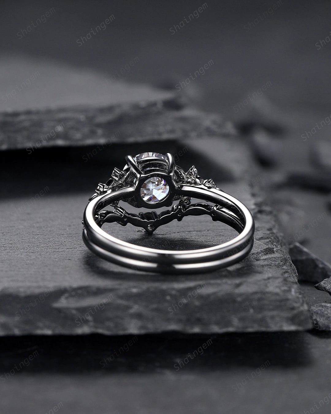 Gothic Black Gray Moissanite Engagement Ring Set, Black Gold Grey Moissaite Promise Ring, Rhodium Black Bridal Set Black Floral Wedding Ring - ShainJewelry
