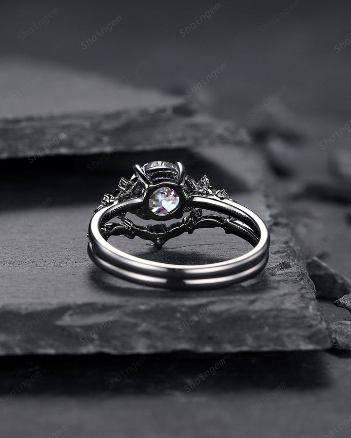 Gothic Black Gray Moissanite Engagement Ring Set, Black Gold Grey Moissaite Promise Ring, Rhodium Black Bridal Set Black Floral Wedding Ring - ShainJewelry