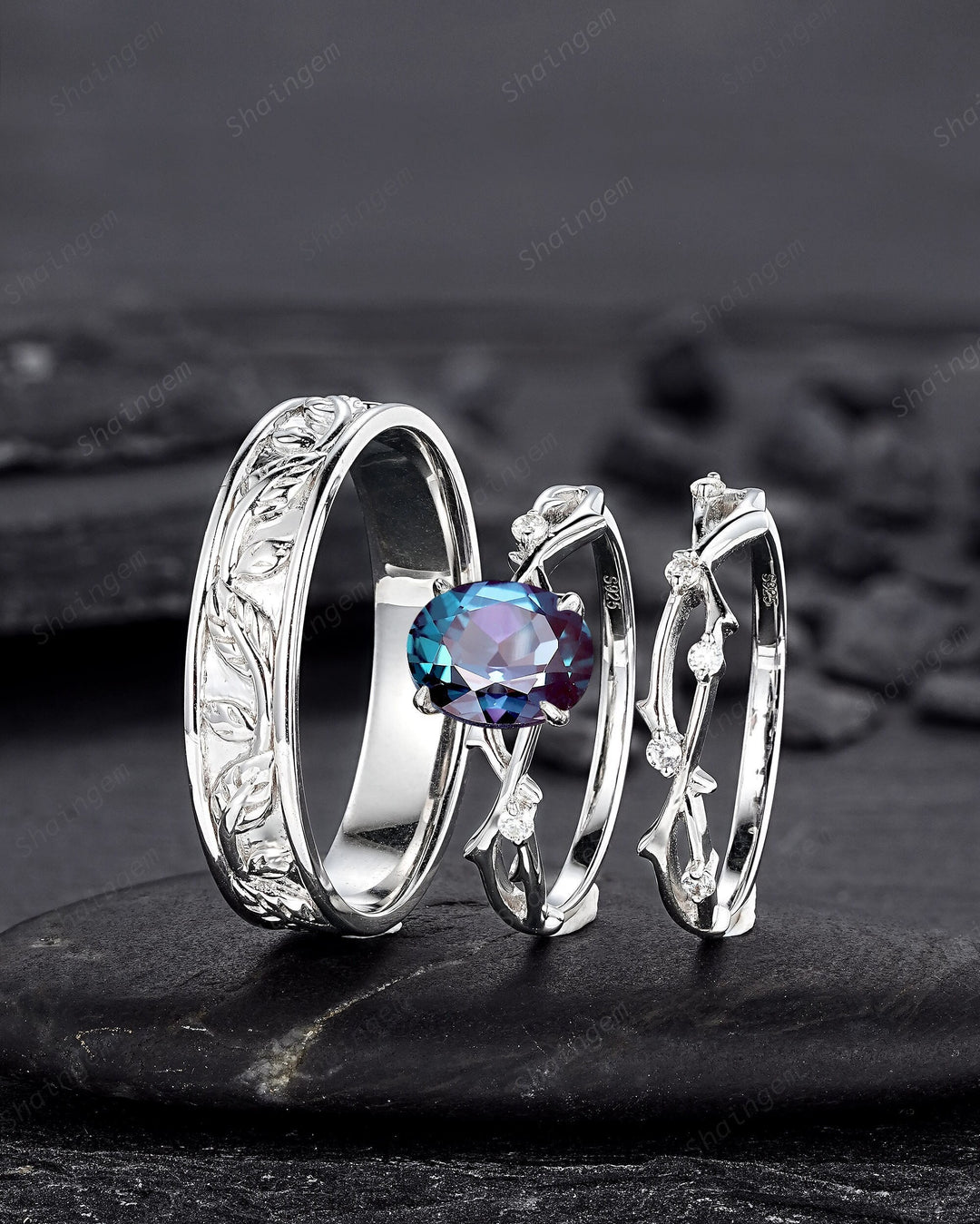 3PCS His and Hers Wedding Ring Set, Oval Shape Alexandrite Engagement Ring, 14K White Gold Twig Branch Couple Promise Ring Set, Men's Band