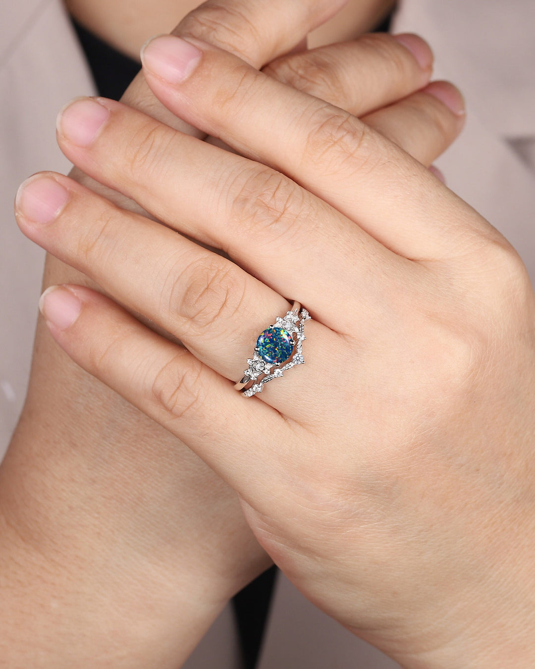 Vintage Round Shape Black Fire Opal Engagement Ring Set, Unique 14K White Gold Floral Opal Wedding Ring Bridal Set, Promise Ring for Women - ShainJewelry