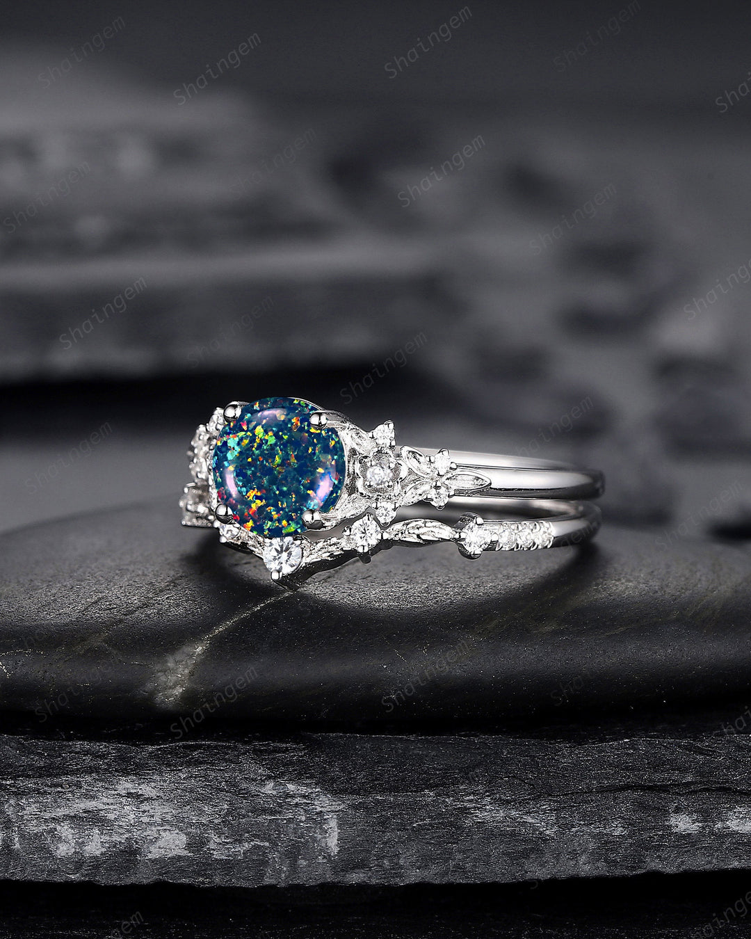 Vintage Round Shape Black Fire Opal Engagement Ring Set, Unique 14K White Gold Floral Opal Wedding Ring Bridal Set, Promise Ring for Women - ShainJewelry