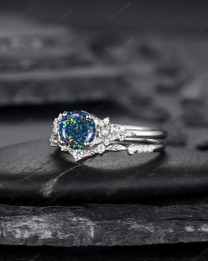 Vintage Round Shape Black Fire Opal Engagement Ring Set, Unique 14K White Gold Floral Opal Wedding Ring Bridal Set, Promise Ring for Women - ShainJewelry