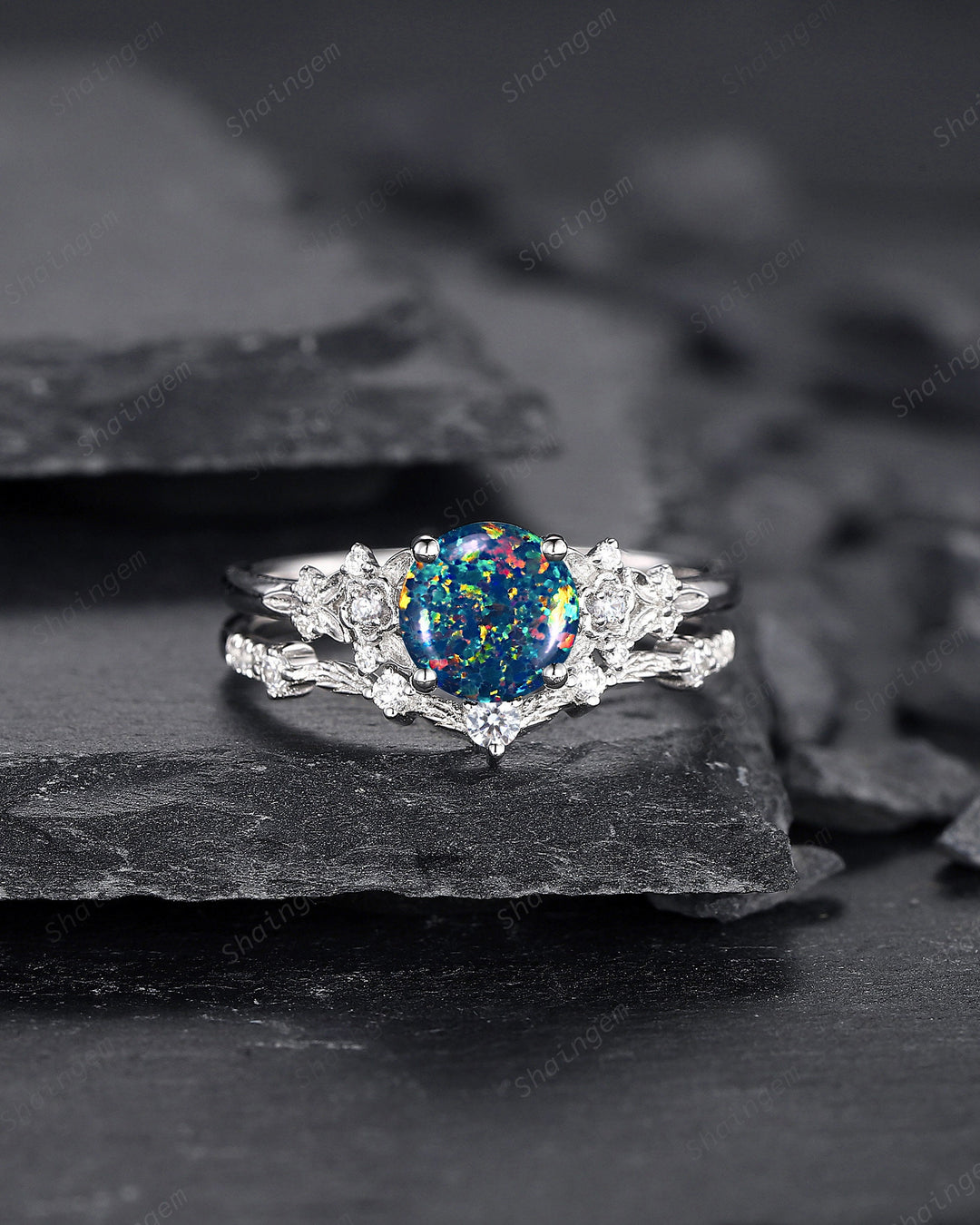 Vintage Round Shape Black Fire Opal Engagement Ring Set, Unique 14K White Gold Floral Opal Wedding Ring Bridal Set, Promise Ring for Women - ShainJewelry