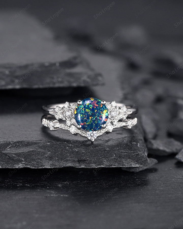 Vintage Round Shape Black Fire Opal Engagement Ring Set, Unique 14K White Gold Floral Opal Wedding Ring Bridal Set, Promise Ring for Women - ShainJewelry