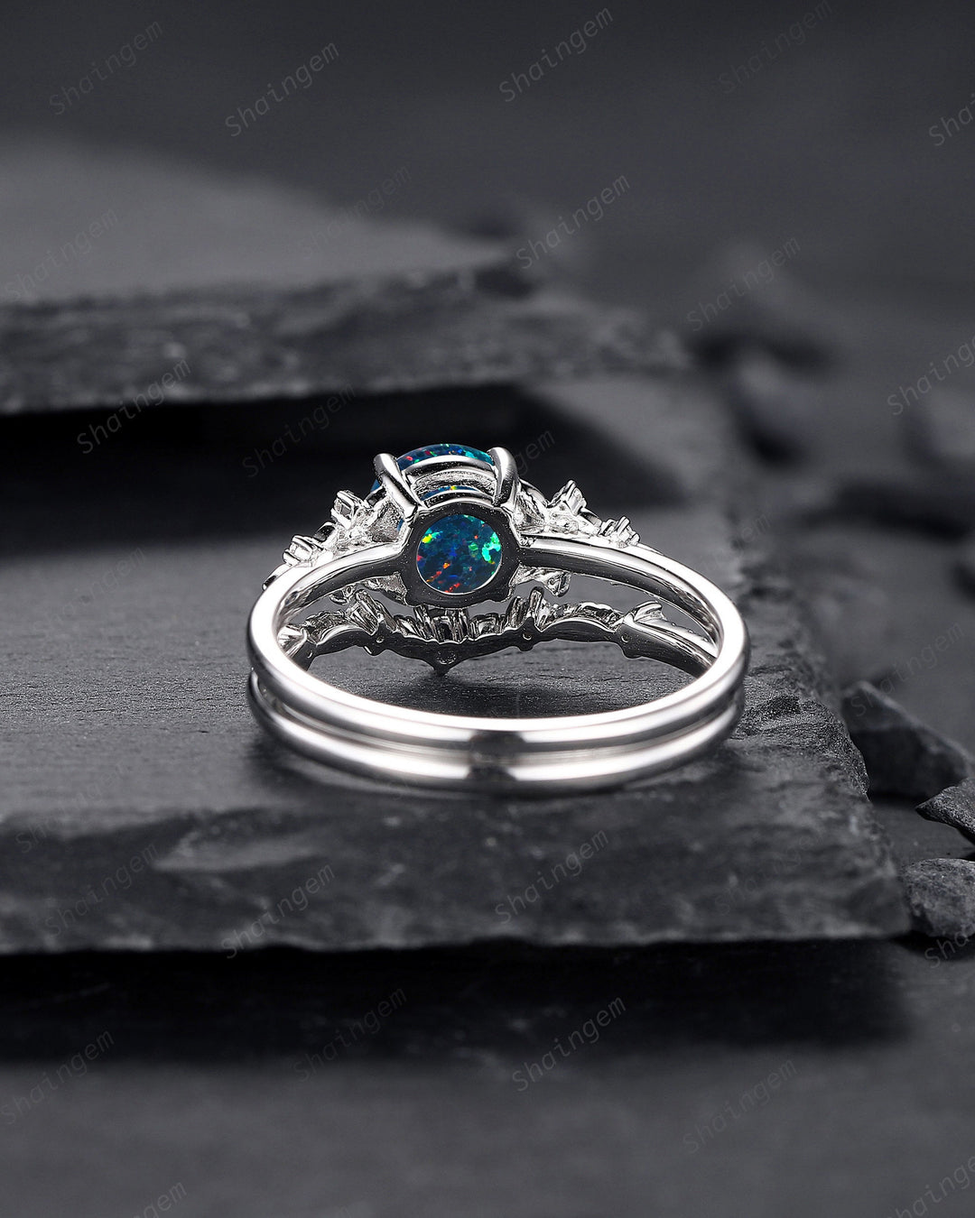 Vintage Round Shape Black Fire Opal Engagement Ring Set, Unique 14K White Gold Floral Opal Wedding Ring Bridal Set, Promise Ring for Women - ShainJewelry