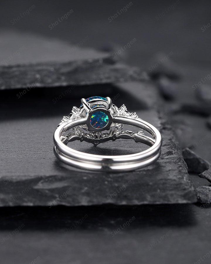 Vintage Round Shape Black Fire Opal Engagement Ring Set, Unique 14K White Gold Floral Opal Wedding Ring Bridal Set, Promise Ring for Women - ShainJewelry