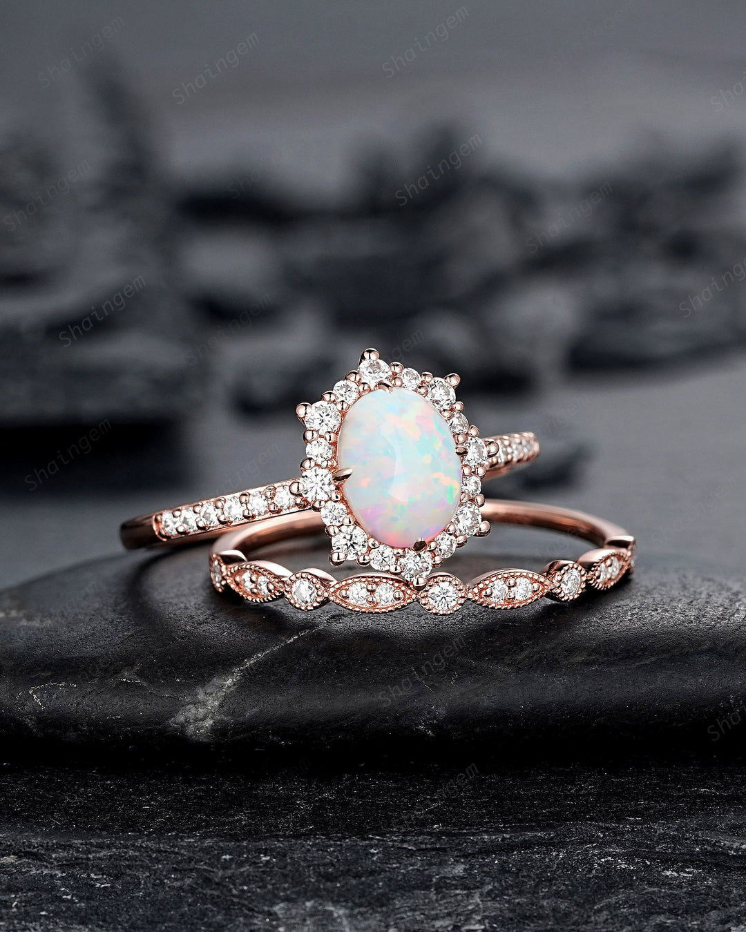 White Fire Opal and Diamond Engagement Ring Set Unique Oval Cut Opal Rose Gold Halo Promise Ring Bridal Set Anniversary Ring Gift for Women - ShainJewelry