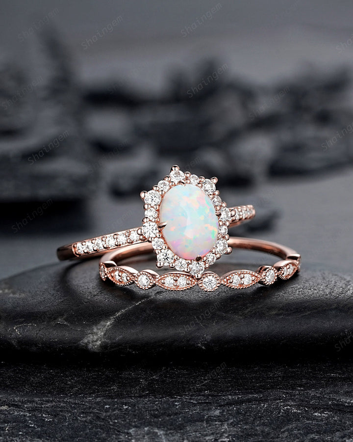 White Fire Opal and Diamond Engagement Ring Set Unique Oval Cut Opal Rose Gold Halo Promise Ring Bridal Set Anniversary Ring Gift for Women - ShainJewelry