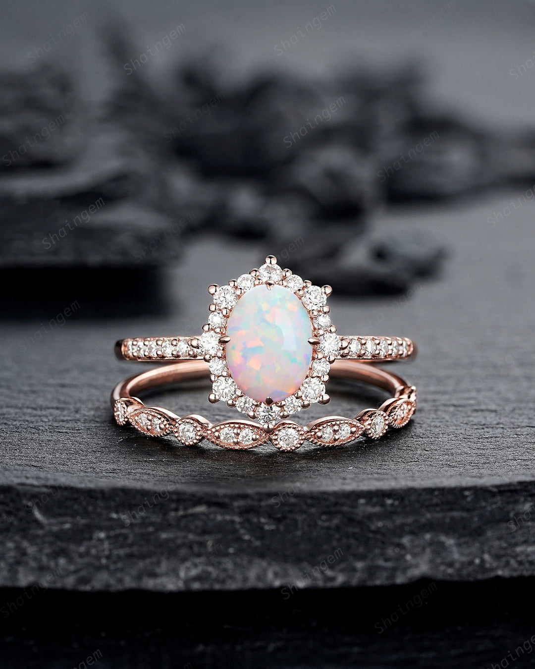 White Fire Opal and Diamond Engagement Ring Set Unique Oval Cut Opal Rose Gold Halo Promise Ring Bridal Set Anniversary Ring Gift for Women - ShainJewelry