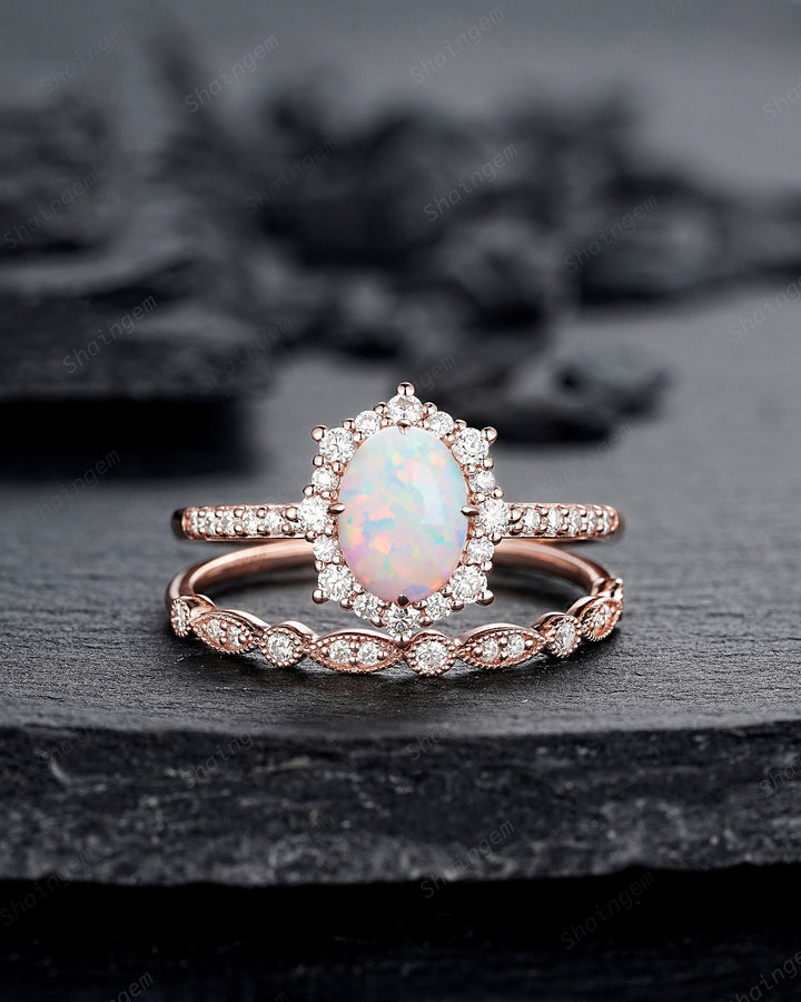 White Fire Opal and Diamond Engagement Ring Set Unique Oval Cut Opal Rose Gold Halo Promise Ring Bridal Set Anniversary Ring Gift for Women - ShainJewelry