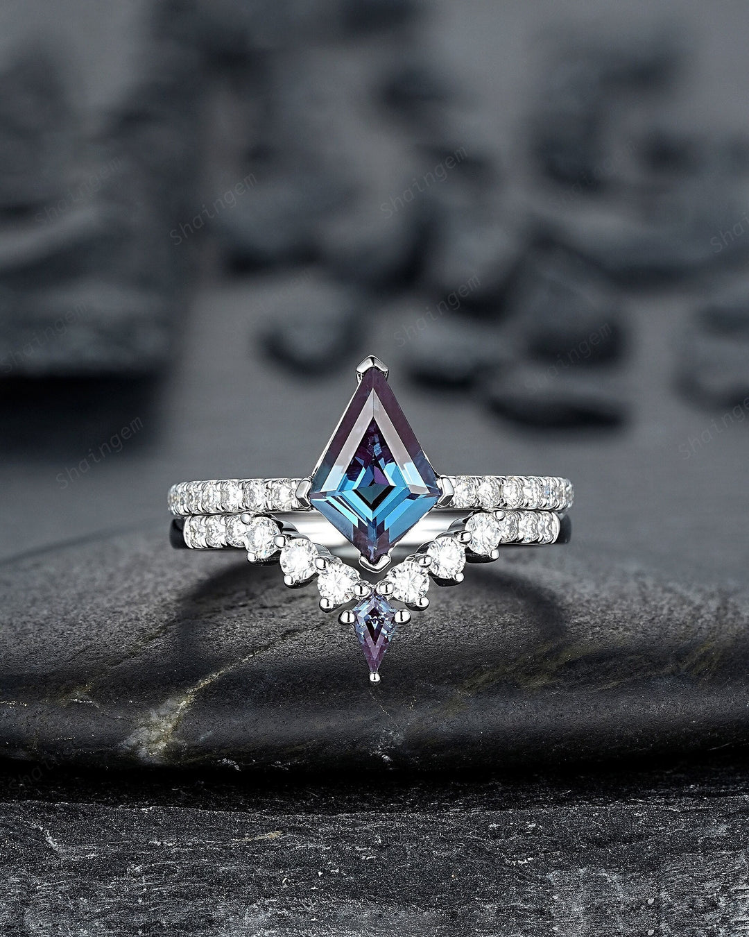 2CT Kite Shape Alexandrite and Diamond Bridal Set, Unique 14K Solid White Gold Alexandrite Engagement Ring, Promise Anniversary Ring Gift - ShainJewelry