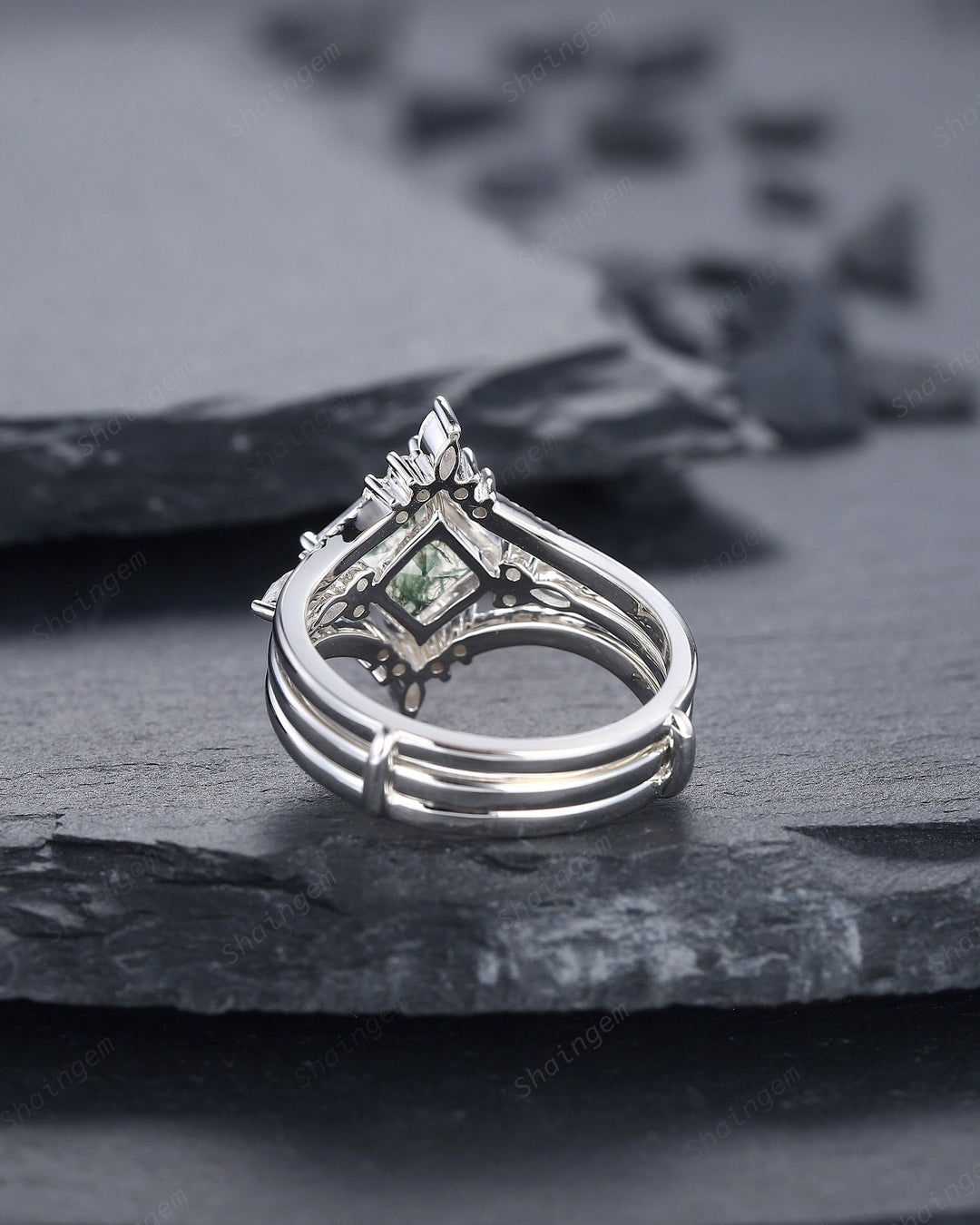 Princess Cut Moss Agate Bridal Set, Ring Guard Spacer Engagement Ring Set, Soldered Dual Band Wedding Set, White Gold Promise Ring Gift - ShainJewelry