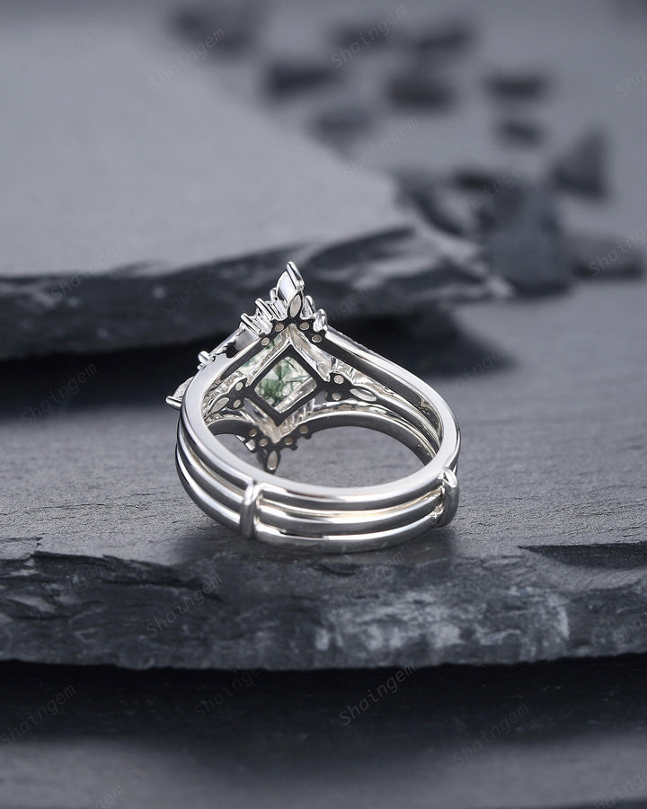 Princess Cut Moss Agate Bridal Set, Ring Guard Spacer Engagement Ring Set, Soldered Dual Band Wedding Set, White Gold Promise Ring Gift - ShainJewelry