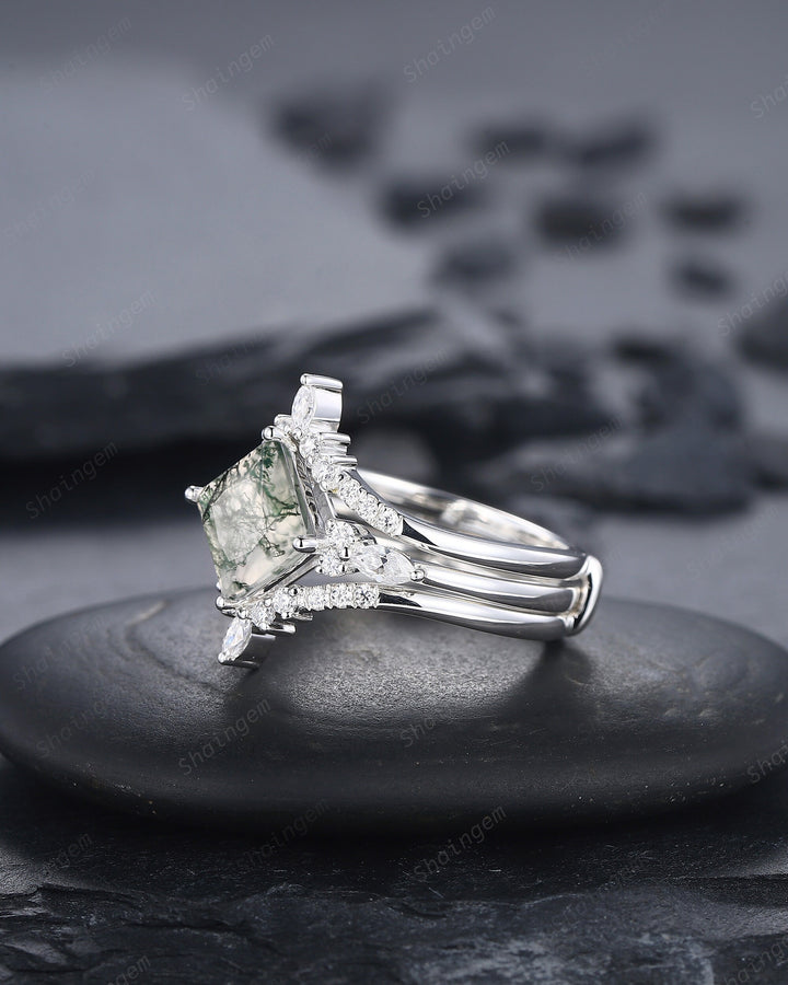 Princess Cut Moss Agate Bridal Set, Ring Guard Spacer Engagement Ring Set, Soldered Dual Band Wedding Set, White Gold Promise Ring Gift - ShainJewelry