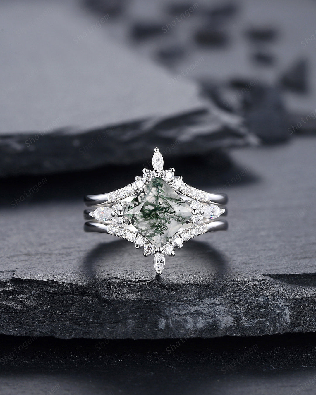 Princess Cut Moss Agate Bridal Set, Ring Guard Spacer Engagement Ring Set, Soldered Dual Band Wedding Set, White Gold Promise Ring Gift - ShainJewelry