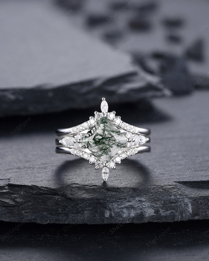Princess Cut Moss Agate Bridal Set, Ring Guard Spacer Engagement Ring Set, Soldered Dual Band Wedding Set, White Gold Promise Ring Gift - ShainJewelry