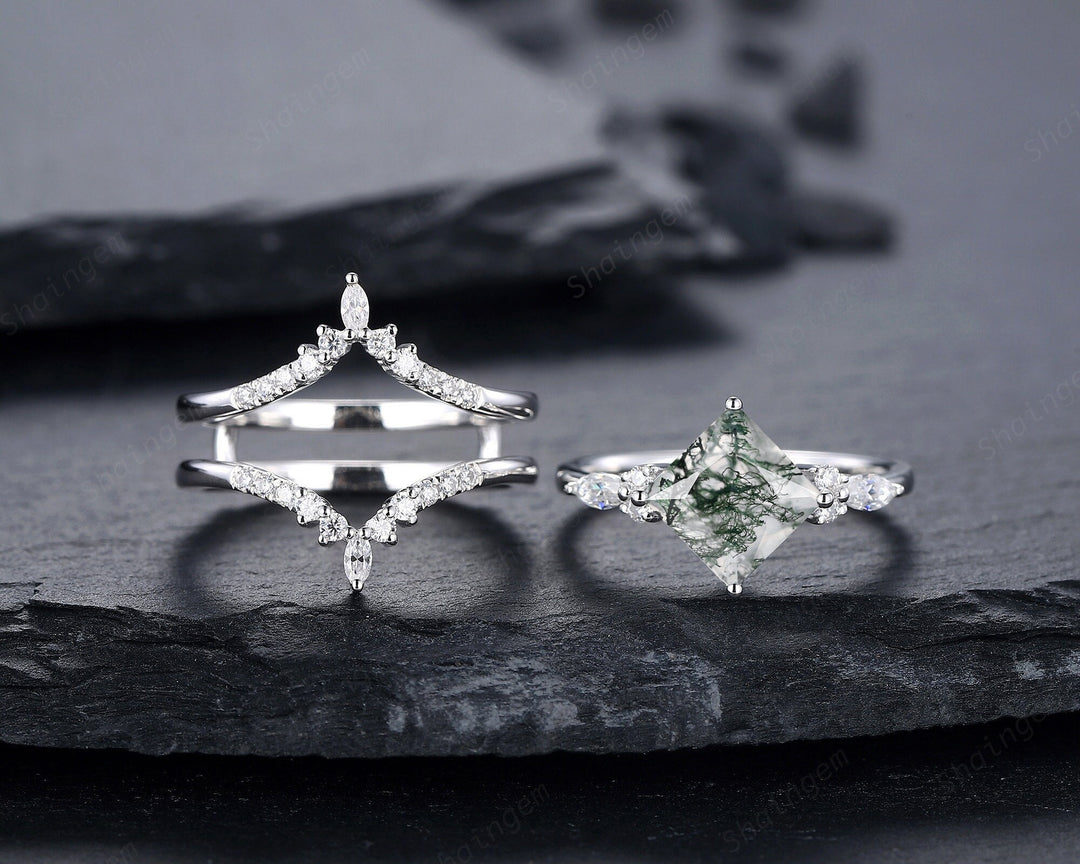 Princess Cut Moss Agate Bridal Set, Ring Guard Spacer Engagement Ring Set, Soldered Dual Band Wedding Set, White Gold Promise Ring Gift - ShainJewelry