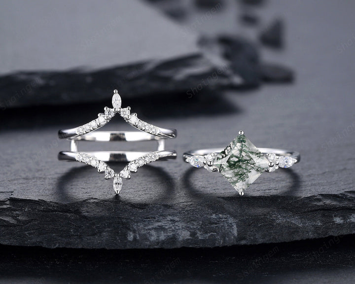 Princess Cut Moss Agate Bridal Set, Ring Guard Spacer Engagement Ring Set, Soldered Dual Band Wedding Set, White Gold Promise Ring Gift - ShainJewelry