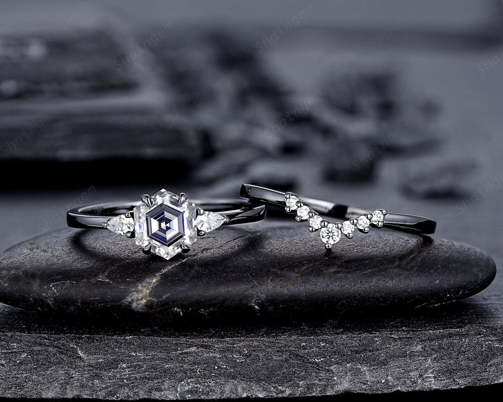 Gothic Black Gold Hexagon Gray Moissanite Engagement Ring Set, Rhodium Black Grey Moissanite Promise Ring, Three Stone Anniversary Ring Gift - ShainJewelry