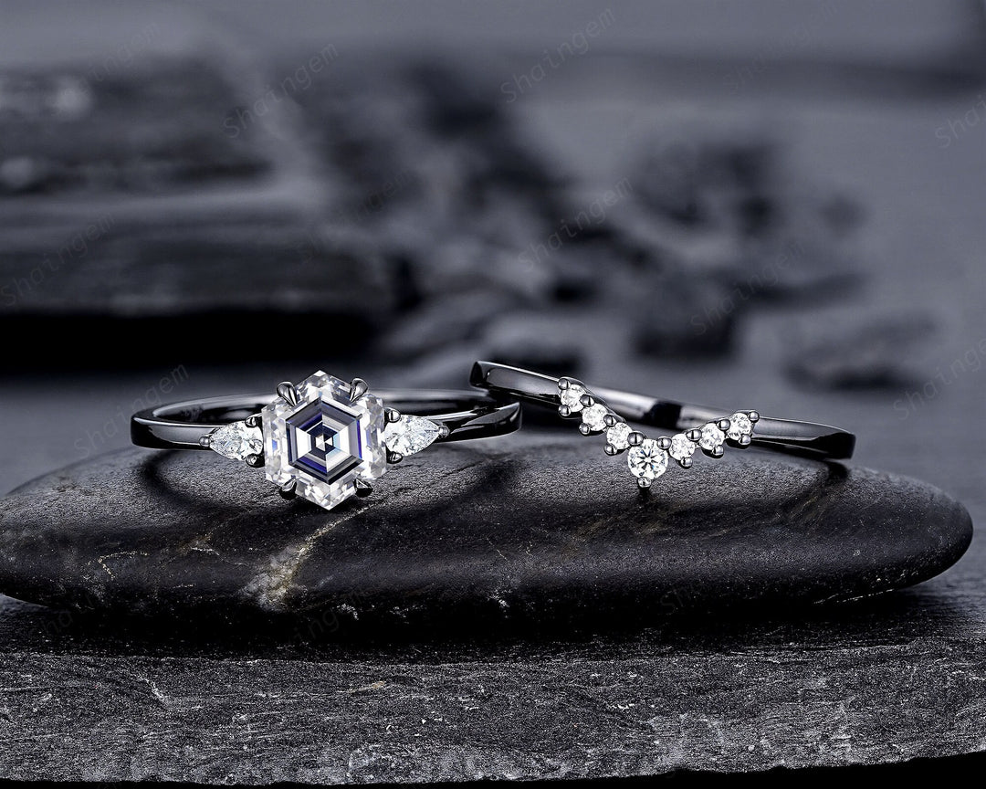 Gothic Black Gold Hexagon Gray Moissanite Engagement Ring Set, Rhodium Black Grey Moissanite Promise Ring, Three Stone Anniversary Ring Gift - ShainJewelry
