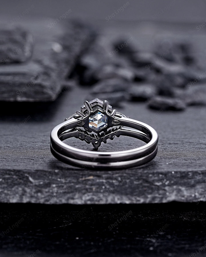 Gothic Black Gold Hexagon Gray Moissanite Engagement Ring Set, Rhodium Black Grey Moissanite Promise Ring, Three Stone Anniversary Ring Gift - ShainJewelry