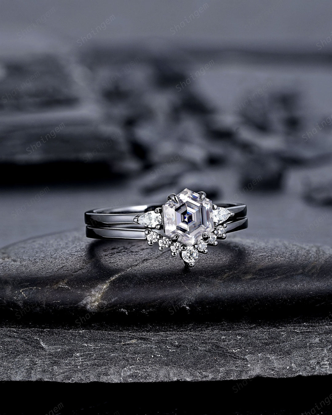 Gothic Black Gold Hexagon Gray Moissanite Engagement Ring Set, Rhodium Black Grey Moissanite Promise Ring, Three Stone Anniversary Ring Gift - ShainJewelry