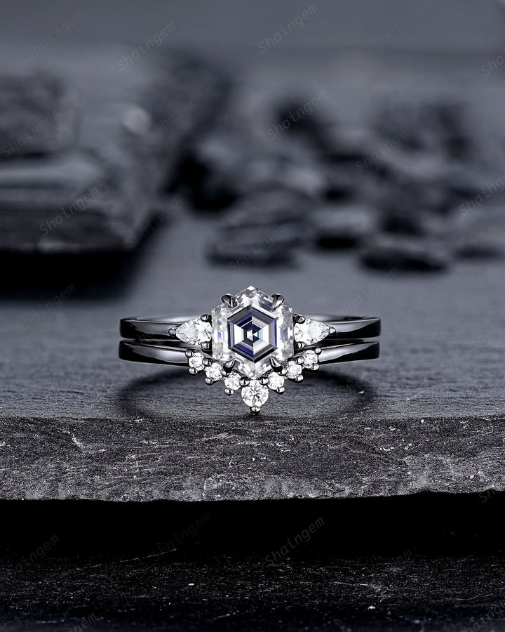 Gothic Black Gold Hexagon Gray Moissanite Engagement Ring Set, Rhodium Black Grey Moissanite Promise Ring, Three Stone Anniversary Ring Gift - ShainJewelry