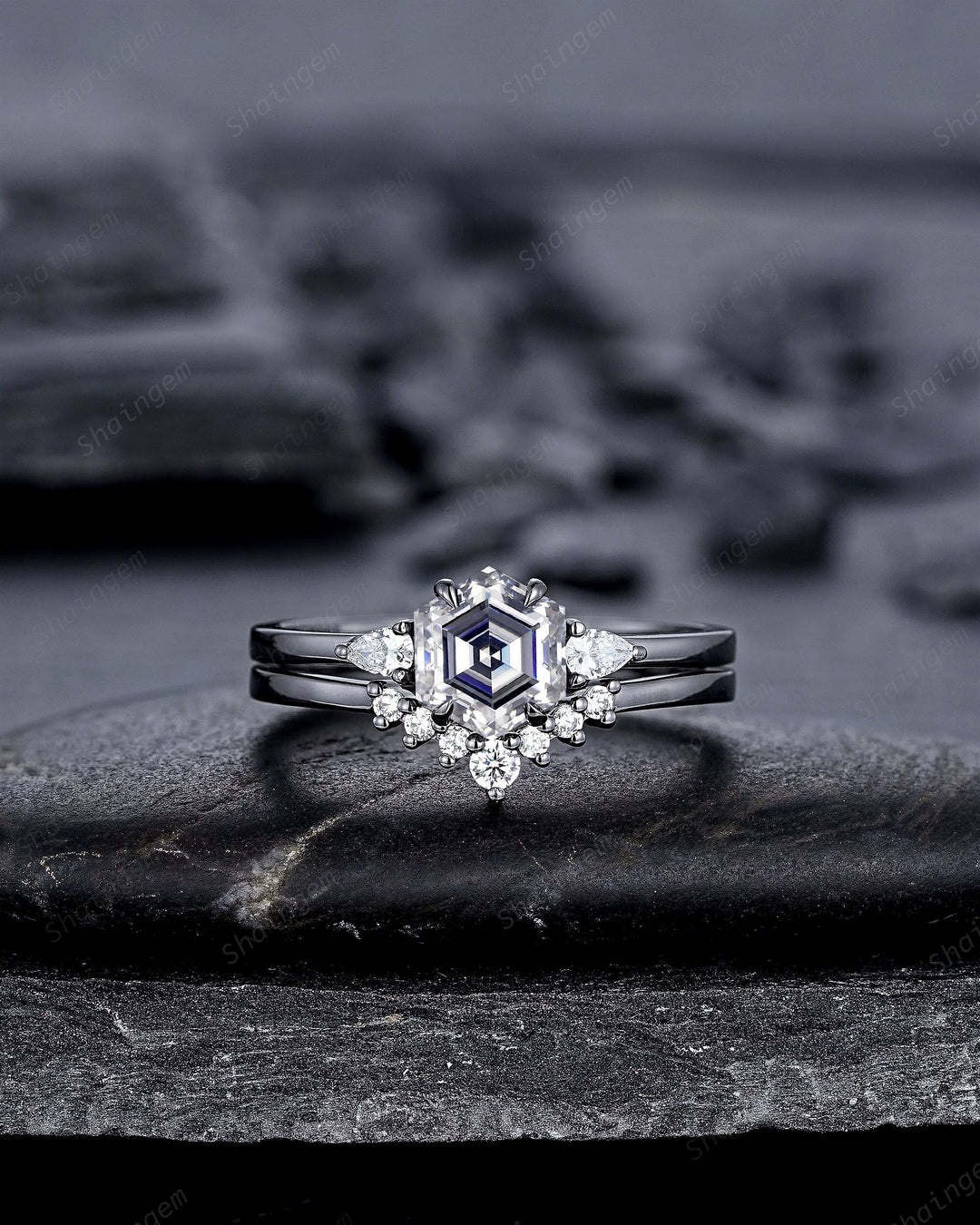 Gothic Black Gold Hexagon Gray Moissanite Engagement Ring Set, Rhodium Black Grey Moissanite Promise Ring, Three Stone Anniversary Ring Gift - ShainJewelry