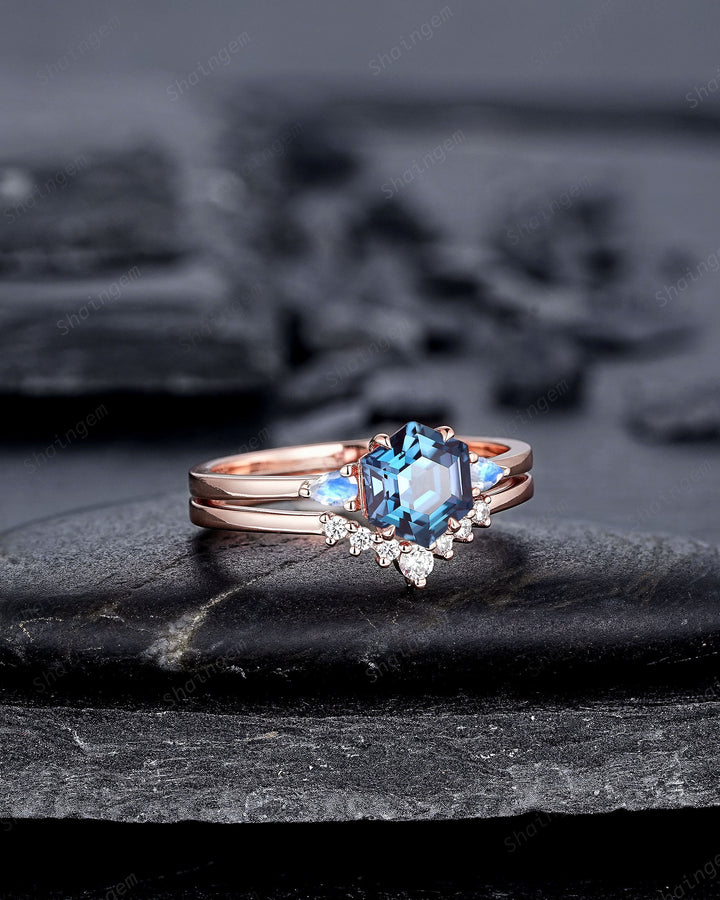 Unique Hexagon Alexandrite and Moonstone Engagement Ring Set, Vintage June Birthstone Wedding Ring, Rose Gold Promise Ring Gift for Women - ShainJewelry