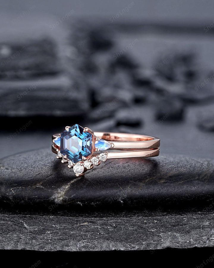 Unique Hexagon Alexandrite and Moonstone Engagement Ring Set, Vintage June Birthstone Wedding Ring, Rose Gold Promise Ring Gift for Women - ShainJewelry