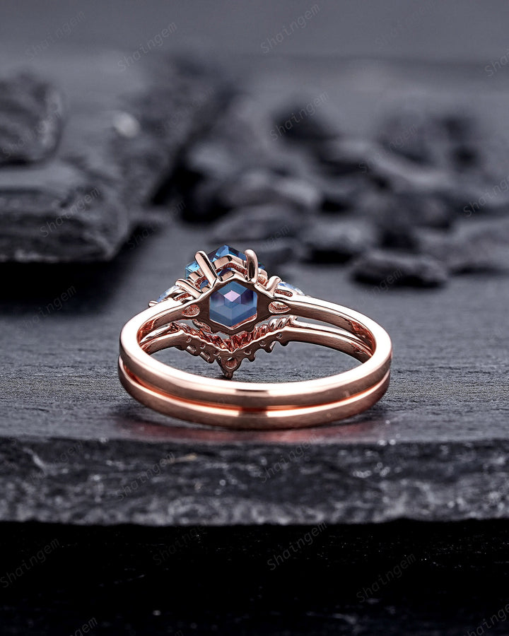 Unique Hexagon Alexandrite and Moonstone Engagement Ring Set, Vintage June Birthstone Wedding Ring, Rose Gold Promise Ring Gift for Women - ShainJewelry