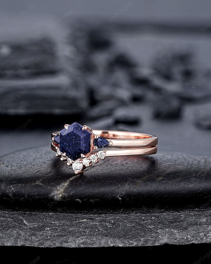 Vintage Hexagon Cut Blue Sandstone Engagement Ring Set, Unique 14K Rose Gold Three Stones Promise Ring, Sparkle Starry Stone Wedding Ring - ShainJewelry