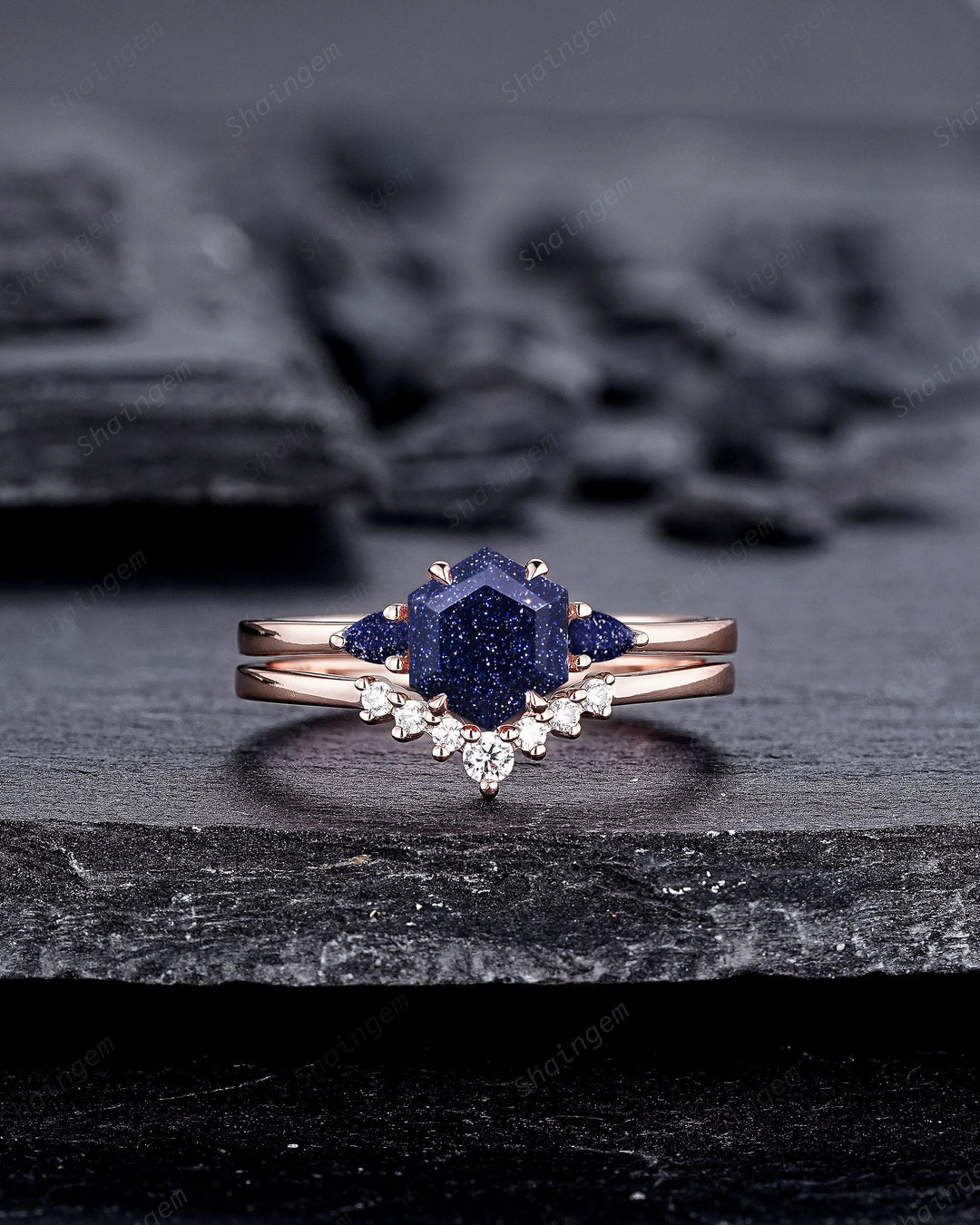 Vintage Hexagon Cut Blue Sandstone Engagement Ring Set, Unique 14K Rose Gold Three Stones Promise Ring, Sparkle Starry Stone Wedding Ring - ShainJewelry