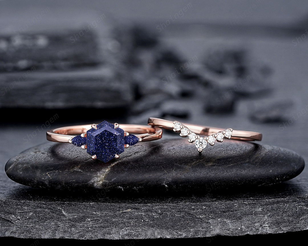 Vintage Hexagon Cut Blue Sandstone Engagement Ring Set, Unique 14K Rose Gold Three Stones Promise Ring, Sparkle Starry Stone Wedding Ring - ShainJewelry